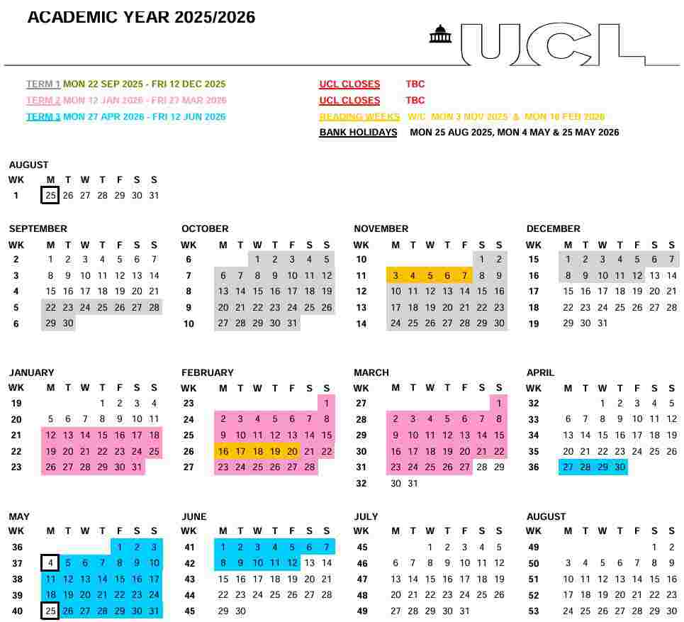 2025-26學年倫敦大學學院校歷